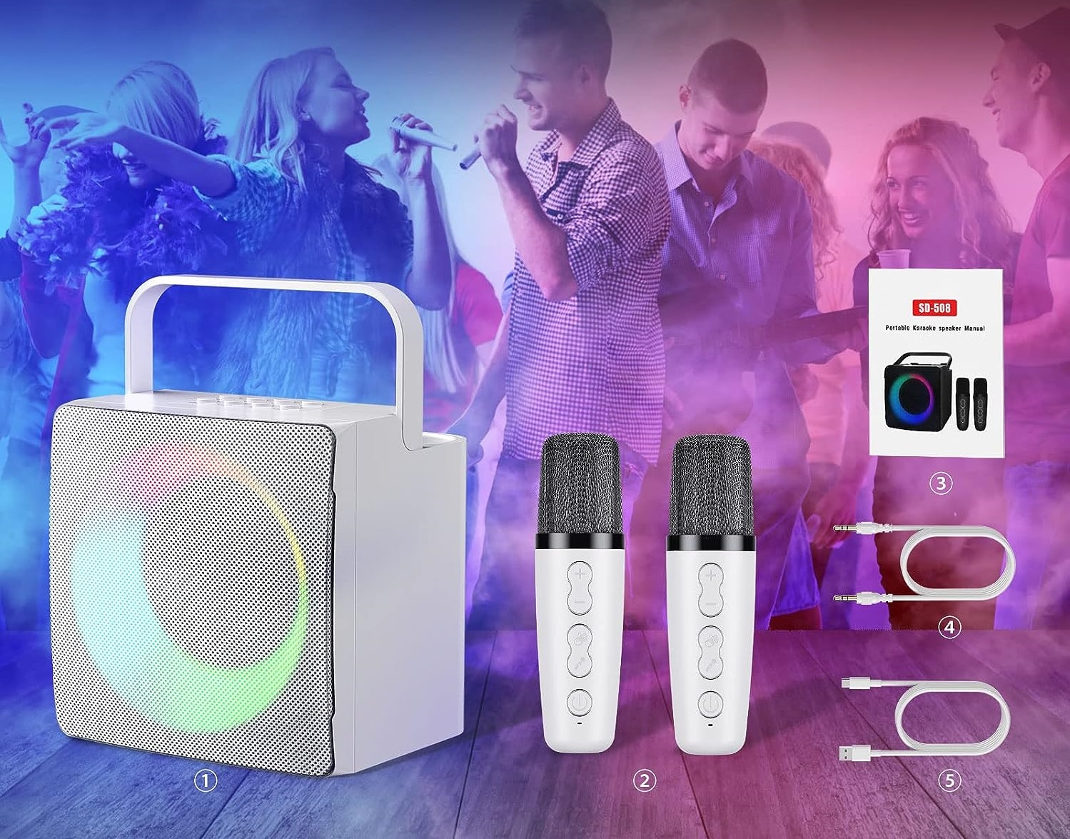 Altavoz con Microfono Karaoke, Altavoz Bluetooth con Luces/LED RGB Grande,  2 Potentes Altavoces y Som