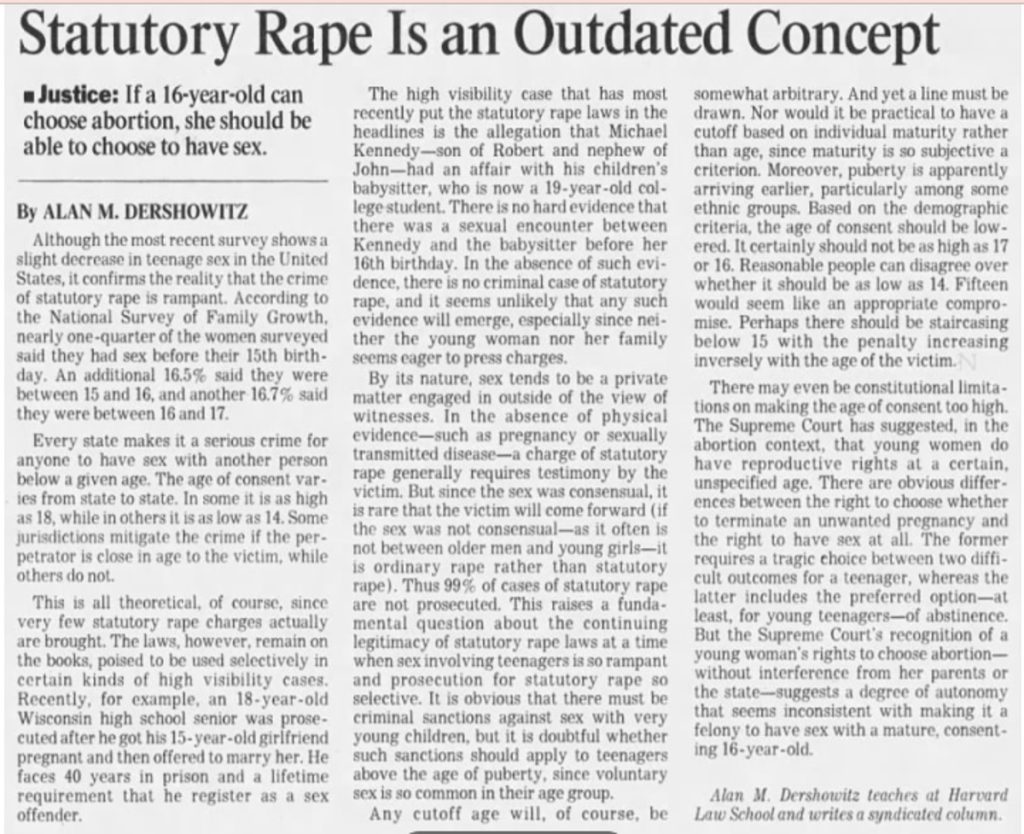 El artículo del abogado de Epstein y exprofesor de Harvard, Alan Dershowitz, en Los Angeles Times en 1997.
