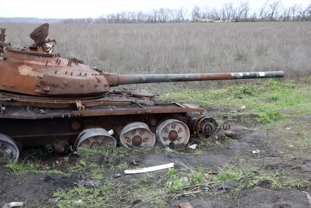 EuropaPress 5188236 april 22 2023 ukraine destroyed tank is seen by the side of road from Moncloa