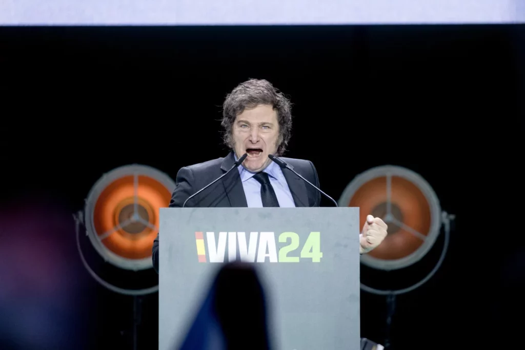 El presidente de Argentina, Javier Milei, durante el acto ‘Viva 24’ de VOX, en el Palacio de Vistalegre