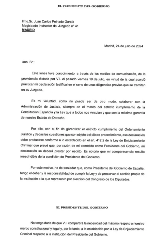 Carta de Pedro Sánchez al juez Peinado