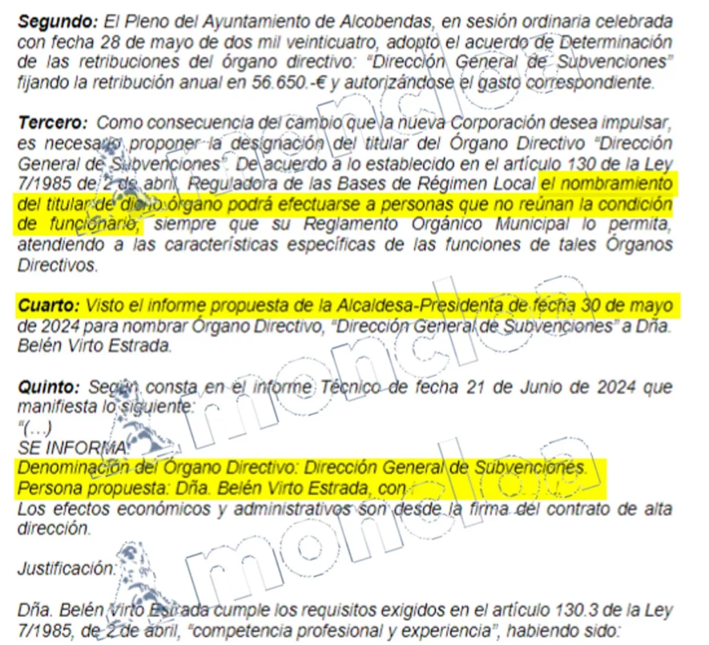 Acta de la justificación del nombramiento de Belén Virto, un cargo avalado por la alcaldesa de Alcobendas, Rocío García