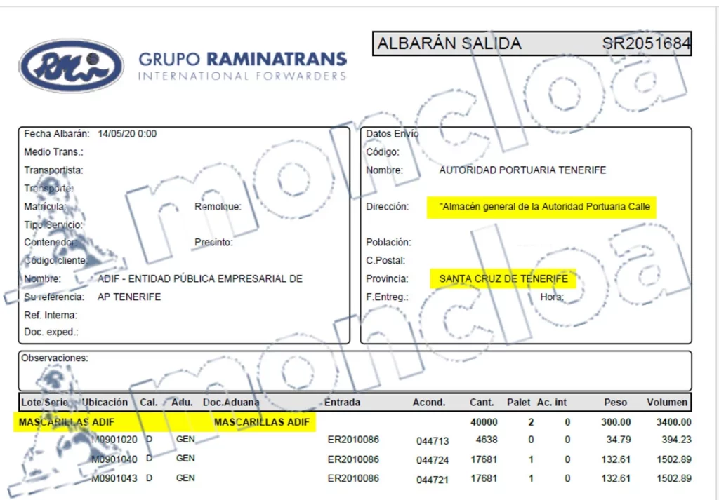 Uno de los albaranes de entrega de Raminatrans a Puertos del Estado para la distribución de mascarillas