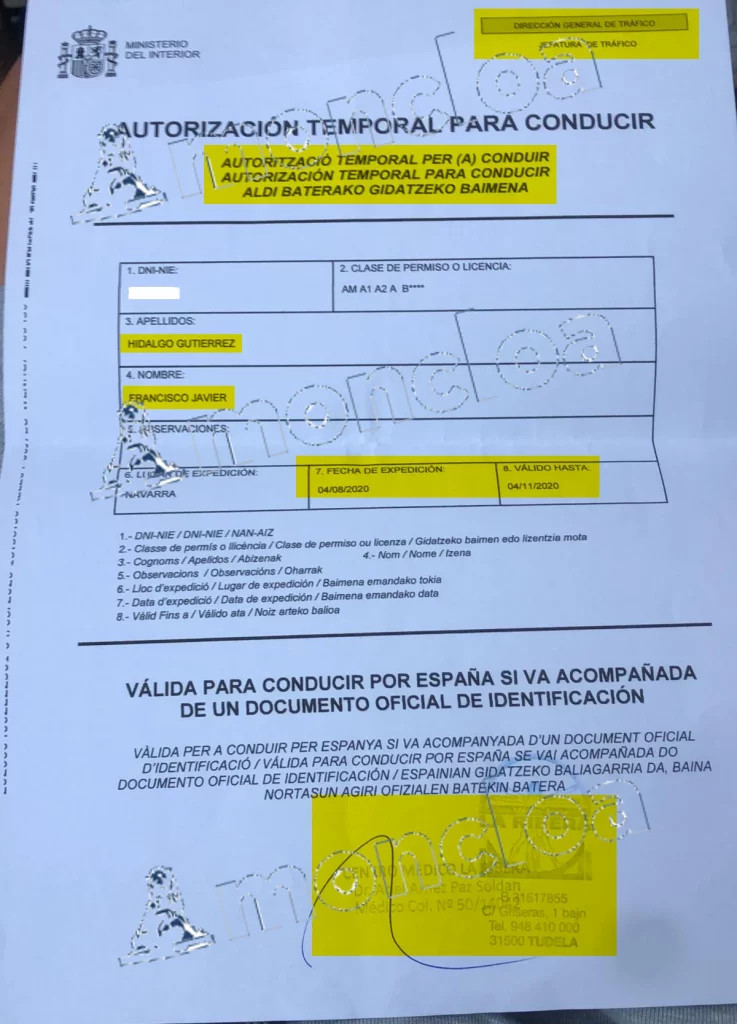 Permiso de conducir temporal expedido en Navarra para Javier Hidalgo. Lo envío Aldama al CEO de Air Europa