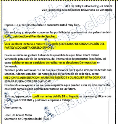 La carta de Ábalos a Delcy Rodríguez, con faltas de ortografía