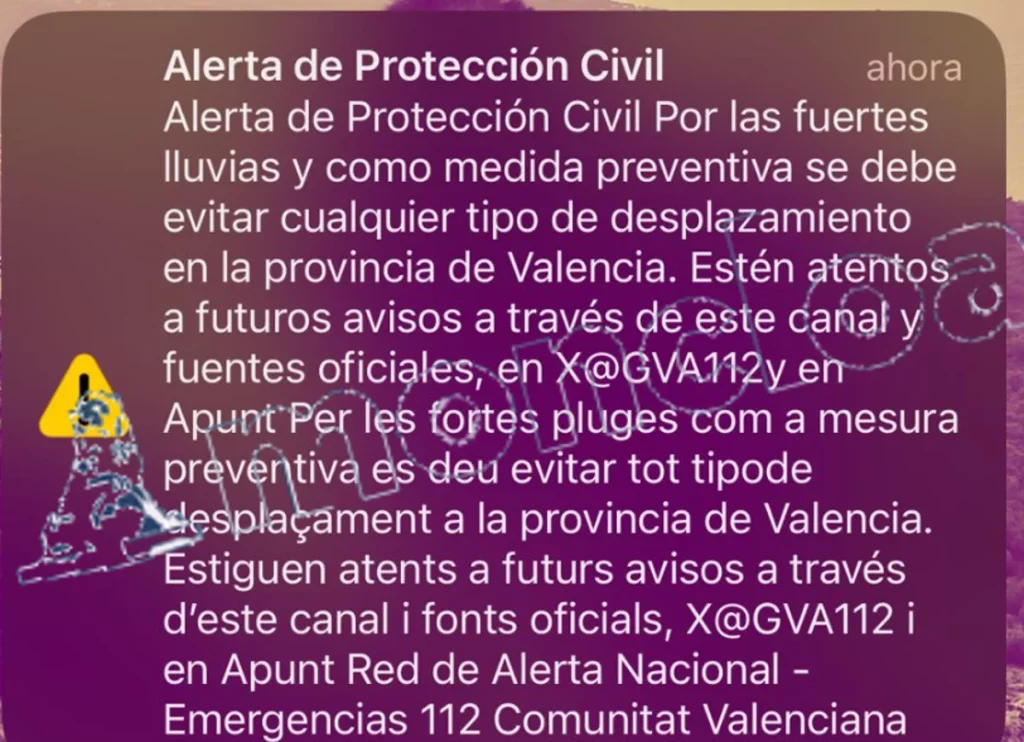 El aviso de Protección Civil en Valencia a las 20.11 horas