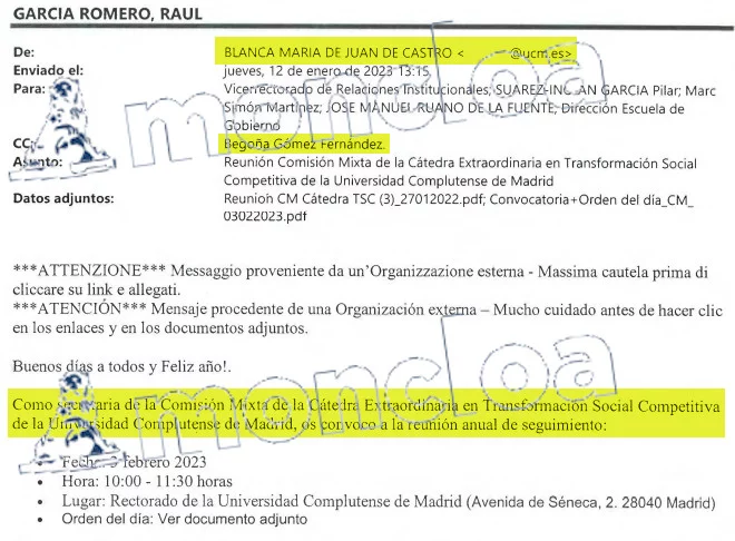 Convocatoria de todos los relacionados con la cátedra extraordinaria de Begoña Gómez para la reunión del 3 de febrero