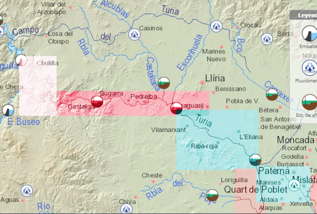 El río Turia inundó la parte norte de la zona del barranco del Poyo y llegó al nuevo cauce