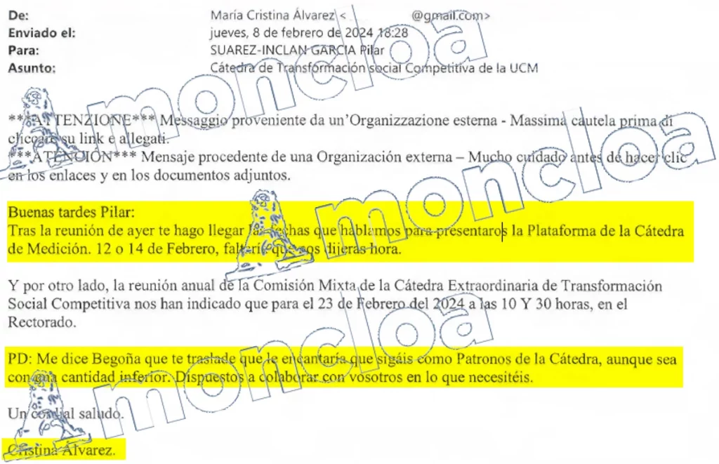 Correo enviado por Cristina Álvarez para la presentación de la cátedra extraordinaria TSC de Begoña Gómez