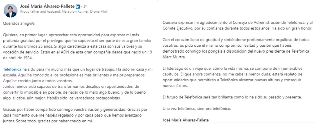 La agradecida despedida de José María Álvarez-Pallete tras 9 años al frente de Telefónica y un total de 25 años en la compañía