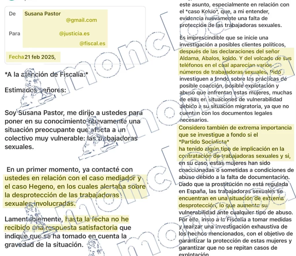 El escrito presentado por Susana Pastor ante el fiscal general del Estado, Álvaro García Ortiz. Fuente: MONCLOA.COM