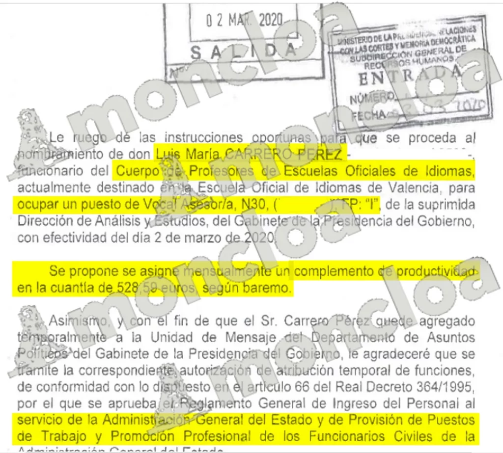 El informe de Presidencia enviado a la magistrada Beatriz Biedma sobre el funcionario Luis Carrero. Fuente: MONCLOA.COM