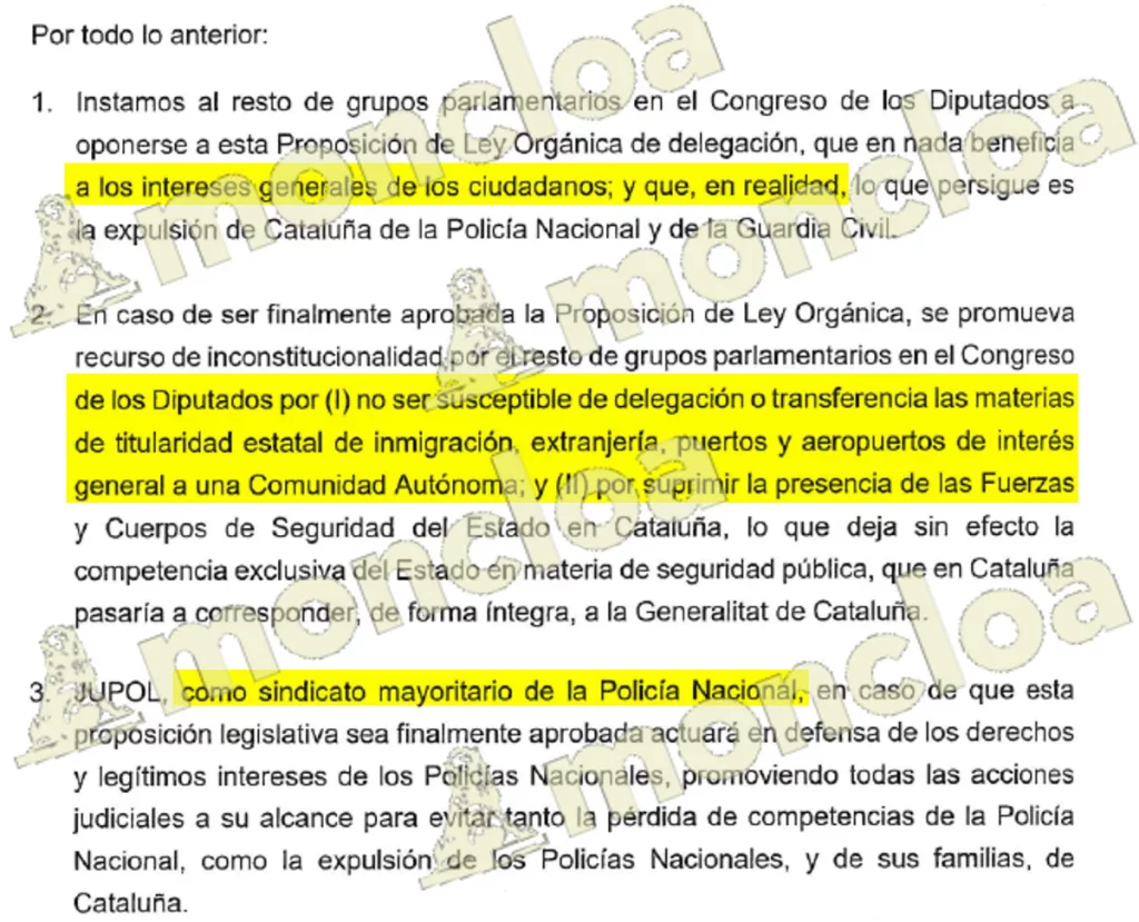 Conclusiones del informe de Jupol remitido al Congreso de los Diputados para tumbar el relato de la delegación de inmigración a Cataluña. Fuente: MONCLOA.COM