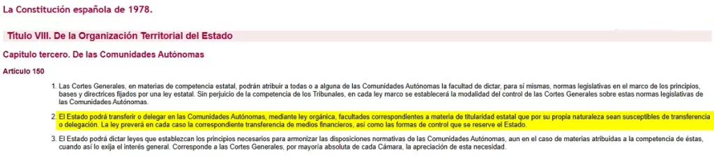 La Constitución Española deja claro que la cesión de competencias corresponde al Estado, no a los partidos políticos. | Fuente: CE