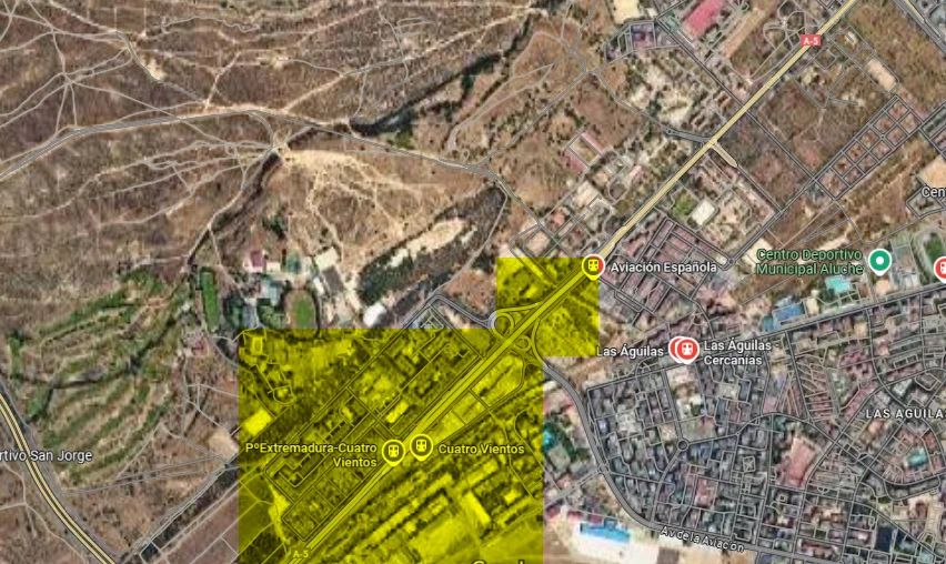 La zona de la Dehesa del Príncipe queda aislada en las obras del soterramiento de la A-5 en Madrid | Fuente: MAPS.